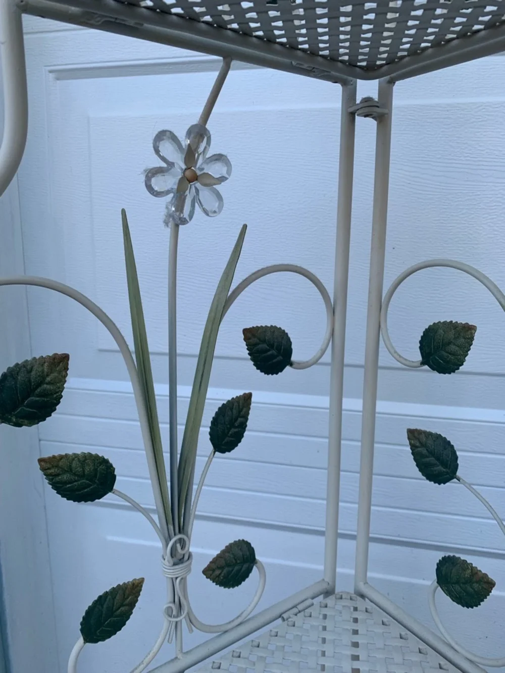 Vintage White Metal Folding Corner Plant Stand with Green Leaf Accents